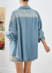 Simple Light Blue Oversized Pockets Denim Shirt Coats Fall