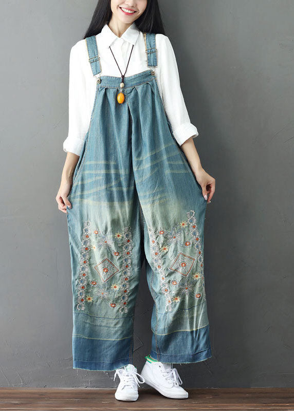 Simple Light Blue Patchwork Embroideried Denim Wide Leg Jumpsuit