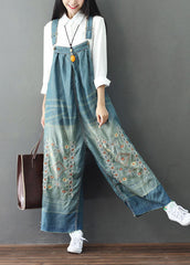 Simple Light Blue Patchwork Embroideried Denim Wide Leg Jumpsuit