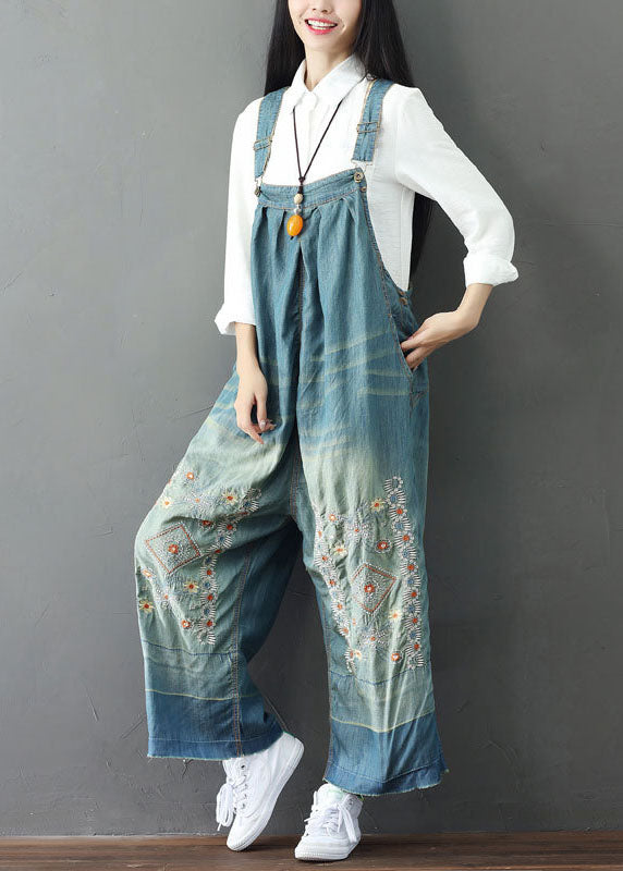 Simple Light Blue Patchwork Embroideried Denim Wide Leg Jumpsuit