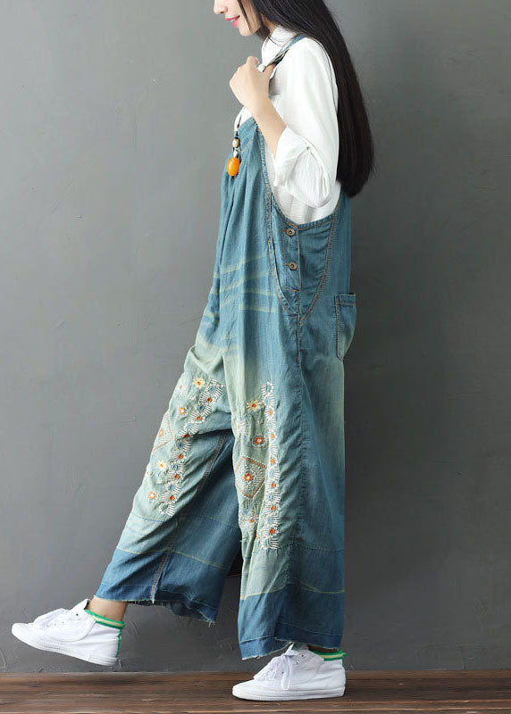 Simple Light Blue Patchwork Embroideried Denim Wide Leg Jumpsuit