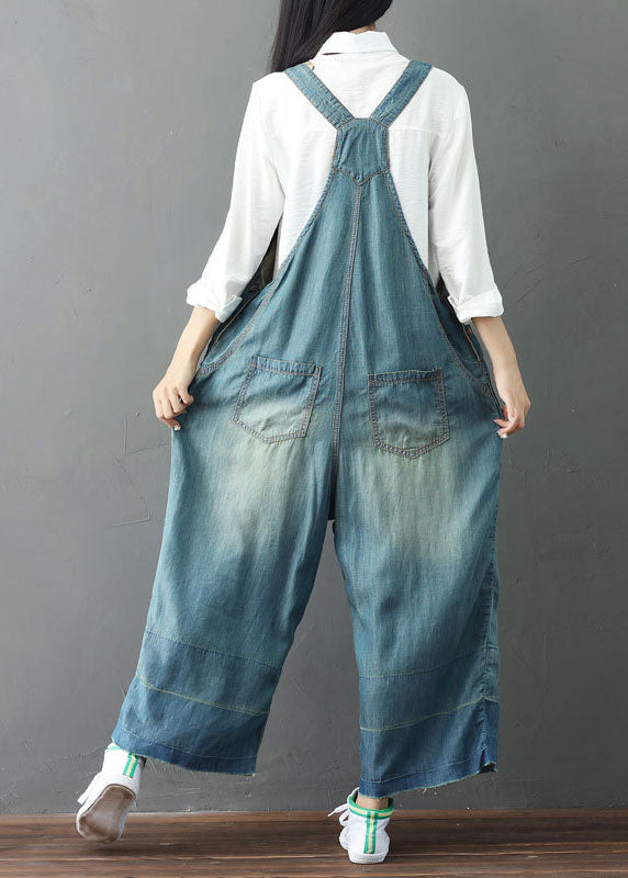 Simple Light Blue Patchwork Embroideried Denim Wide Leg Jumpsuit