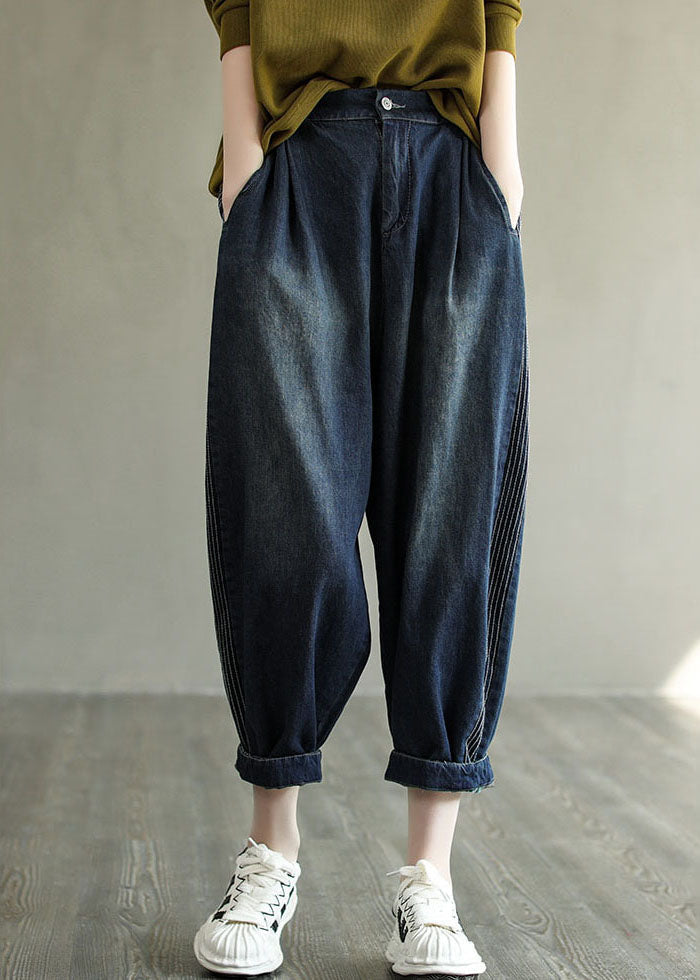 Simple Navy Elastic Waist Striped Line Pocket Cotton Denim Harem Pants