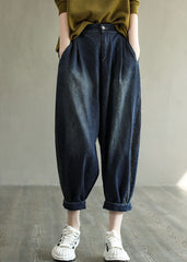 Simple Navy Elastic Waist Striped Line Pocket Cotton Denim Harem Pants