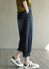 Simple Navy Elastic Waist Striped Line Pocket Cotton Denim Harem Pants