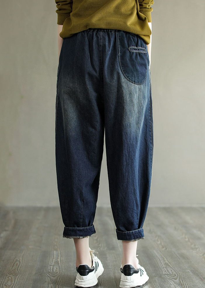 Simple Navy Elastic Waist Striped Line Pocket Cotton Denim Harem Pants