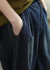 Simple Navy Elastic Waist Striped Line Pocket Cotton Denim Harem Pants