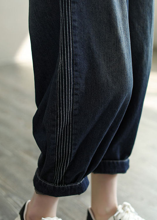 Simple Navy Elastic Waist Striped Line Pocket Cotton Denim Harem Pants