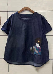 Simple Navy O Neck Print Patchwork Denim Top