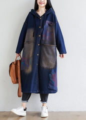 Simple dark Blue drawstring Hooded Pockets Print denim trench Coats