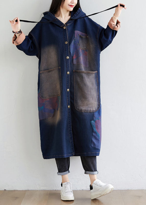 Simple dark Blue drawstring Hooded Pockets Print denim trench Coats