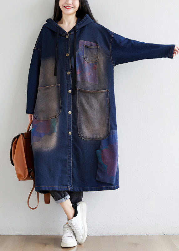 Simple dark Blue drawstring Hooded Pockets Print denim trench Coats