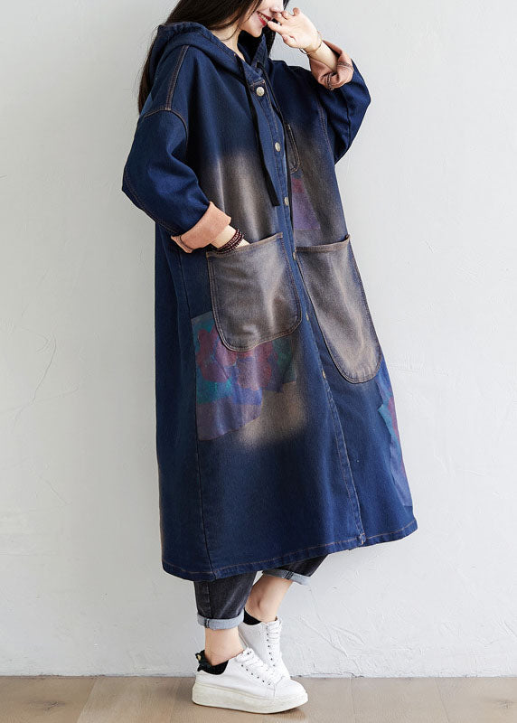 Simple dark Blue drawstring Hooded Pockets Print denim trench Coats