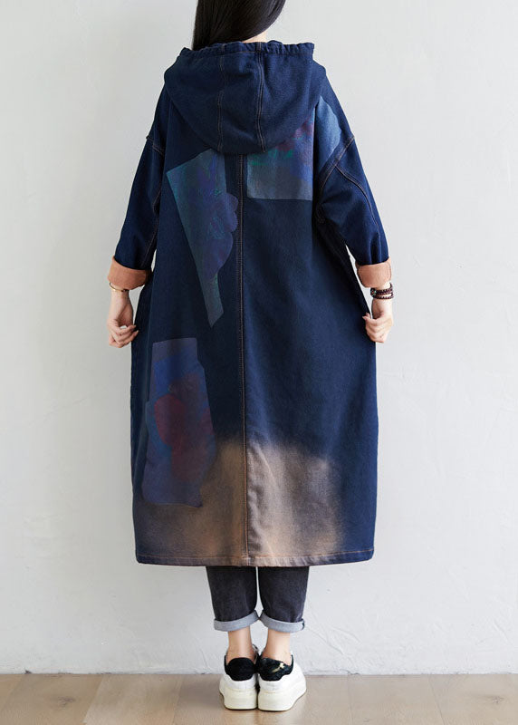 Simple dark Blue drawstring Hooded Pockets Print denim trench Coats