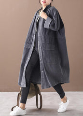 Simple stand collar drawstring tunic coat denim black Midi coats