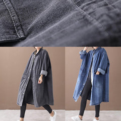 Simple stand collar drawstring tunic coat denim black Midi coats