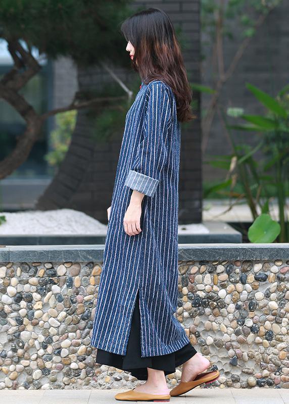 Simple stand collar side open tunic Tutorials denim blue striped A Line Dress