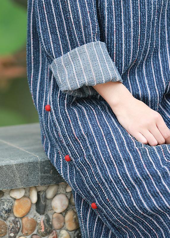 Simple stand collar side open tunic Tutorials denim blue striped A Line Dress