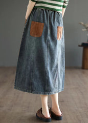 Simple Blue Pockets Patchwork A Line Fall Denim Skirts