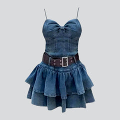 Sleeveless belt women denim dress