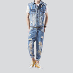 Sleeveless distressed men denim overall