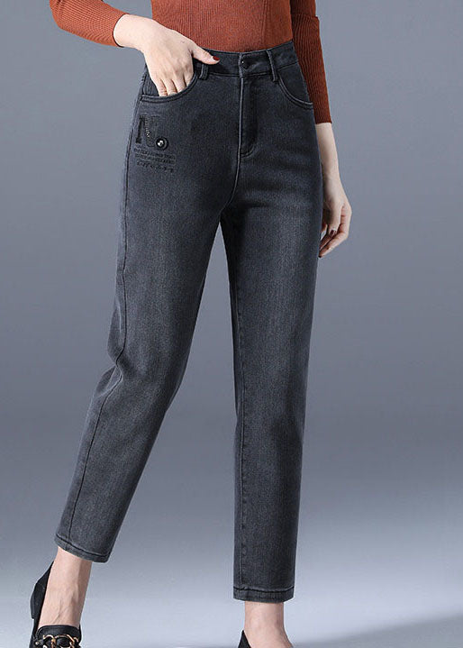 Slim Fit Black High Waist Zip Up Pockets Wrap Cotton Denim Pants