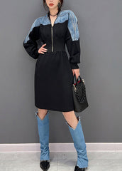 Slim Fit Black V Neck Zippered Patchwork Denim Maxi Dresses Long Sleeve