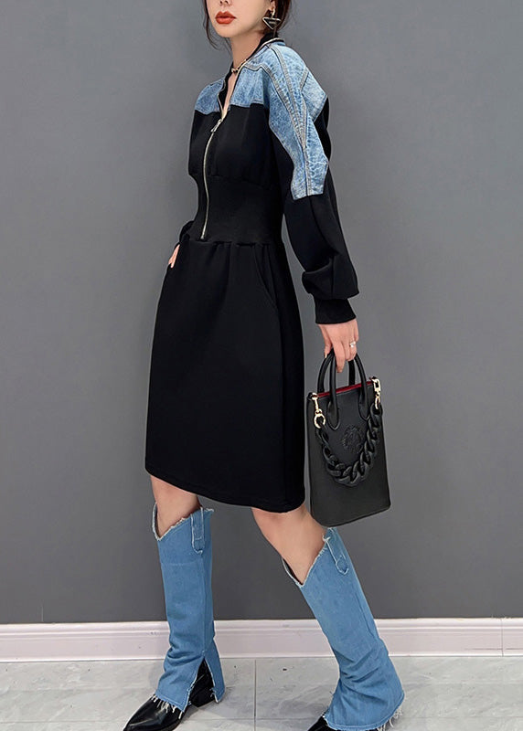 Slim Fit Black V Neck Zippered Patchwork Denim Maxi Dresses Long Sleev – Rae Jeans