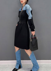 Slim Fit Black V Neck Zippered Patchwork Denim Maxi Dresses Long Sleeve