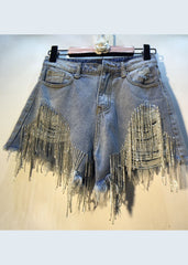 Slim Fit Blue Asymmetrical Design Tassel Diamond Cotton Denim Shorts