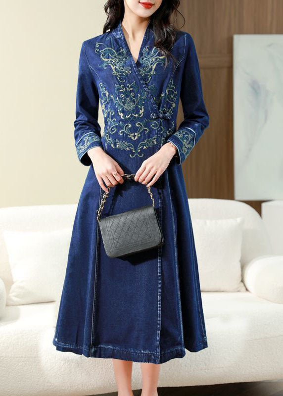 Slim Fit Blue Embroideried Chinese Button Exra Large Hem Denim Dress