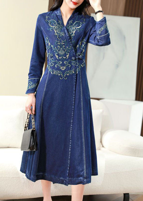 Slim Fit Blue Embroideried Chinese Button Exra Large Hem Denim Dress