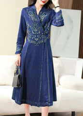 Slim Fit Blue Embroideried Chinese Button Exra Large Hem Denim Dress