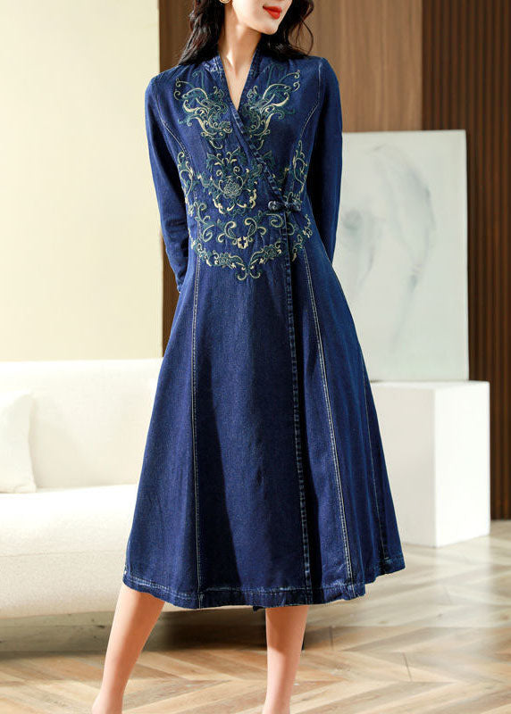 Slim Fit Blue Embroideried Chinese Button Exra Large Hem Denim Dress