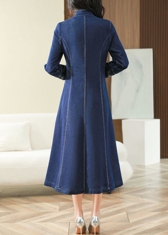 Slim Fit Blue Embroideried Chinese Button Exra Large Hem Denim Dress