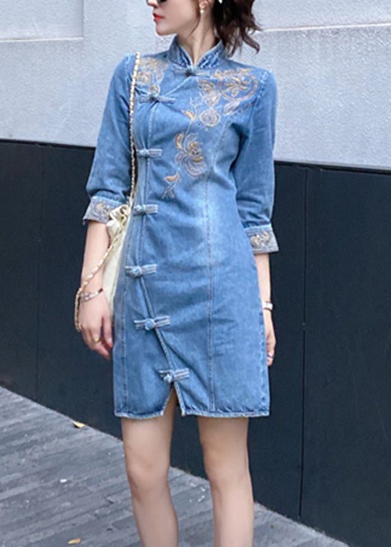 Slim Fit Blue Embroideried Floral Button Denim Mid Dresses Bracelet Sleeve