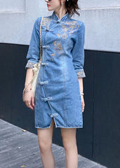 Slim Fit Blue Embroideried Floral Button Denim Mid Dresses Bracelet Sleeve