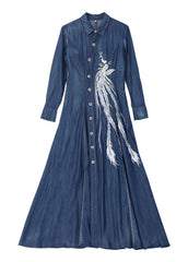 Slim Fit Blue Peter Pan Collar Button Waist retraction Embroideried Cotton Denim Dresses Long Sleeve