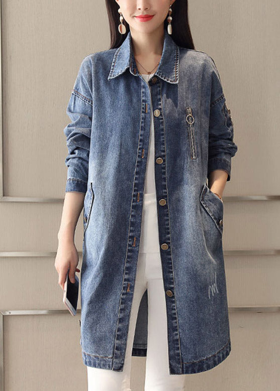 Slim Fit Blue Peter Pan Collar Embroideried Patchwork Button Denim Coat