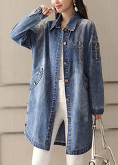 Slim Fit Blue Peter Pan Collar Embroideried Patchwork Button Denim Coat