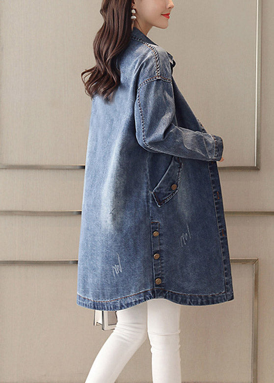 Slim Fit Blue Peter Pan Collar Embroideried Patchwork Button Denim Coat