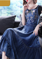 Slim Fit Blue Ruffles Embroideried Spaghetti Strap Cotton Denim Dresses