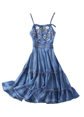 Slim Fit Blue Ruffles Embroideried Spaghetti Strap Cotton Denim Dresses