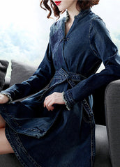 Slim Fit Blue V Neck Embroideried Sashes Cotton Denim Cinch Dress Long Sleeve