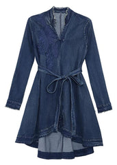 Slim Fit Blue V Neck Embroideried Sashes Cotton Denim Cinch Dress Long Sleeve