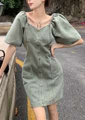 Slim Fit Grey Green Patchwork Button Denim Mid Dress