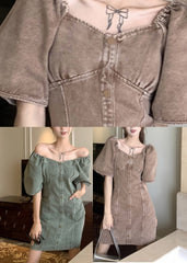 Slim Fit Grey Green Patchwork Button Denim Mid Dress