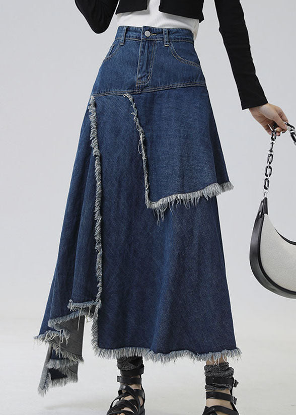 Slim Fit Navy Asymmetrical Patchwork Denim Skirt