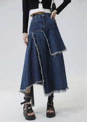 Slim Fit Navy Asymmetrical Patchwork Denim Skirt