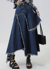 Slim Fit Navy Asymmetrical Patchwork Denim Skirt